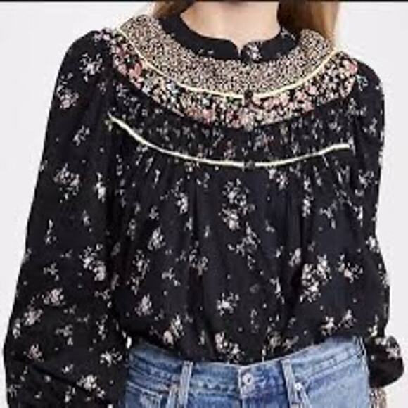 Free People Paloma Printed Blouse Black Floral Size Large - Picture 2 of 10